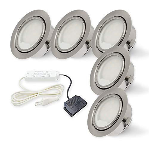 Rolux LED Einbauleuchte DF-9251B-2 5er Set matt-chrom Einbaustrahler Deckenstrahler 55-60mm Bohrloch 2,5W 12V warmweiß von Rolux