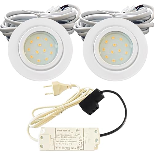 Rolux 2er Set LED Einbauleuchte Leni 12V 2,2W Neutralweiß 4000K Weiß | IP44 für Bad, Küche & Möbel | Mit Plug-and-Play Trafo & 230V Stecker-Zuleitung | Ø54-60mm Lochausschnitt, Flach, Nicht Dimmbar von Rolux