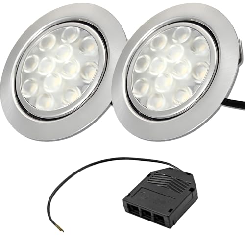 Rolux 2er Set LED Möbelleuchte Einbauspots Edelstahl Gebürstet flach 3W warmweiß 3200K 200lm 12V für das Wohnzimmer, Küche und Bad. Lochausschnitt 55-60 mm. D = 65 mm. Mit Mini-Verteiler von Rolux