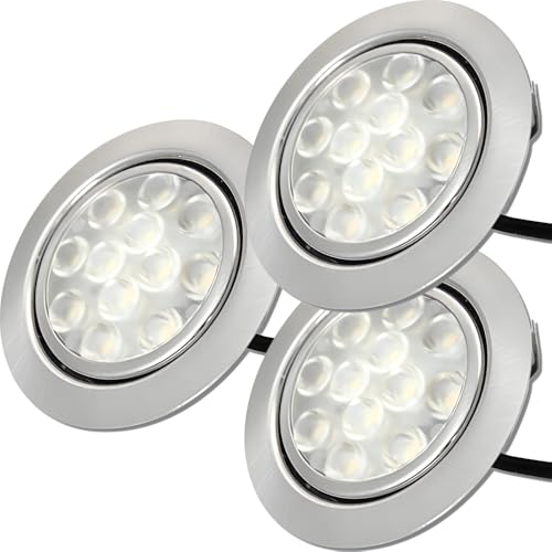 Rolux 3 Stück LED Möbelleuchten Einbaustrahler Edelstahl Gebürstet flach 3W warmweiß 3200K 200lm 12V Möbeleinbauleuchte für das Wohnzimmer, Küche und Bad. Lochausschnitt 55-60 mm. D = 65 mm von Rolux