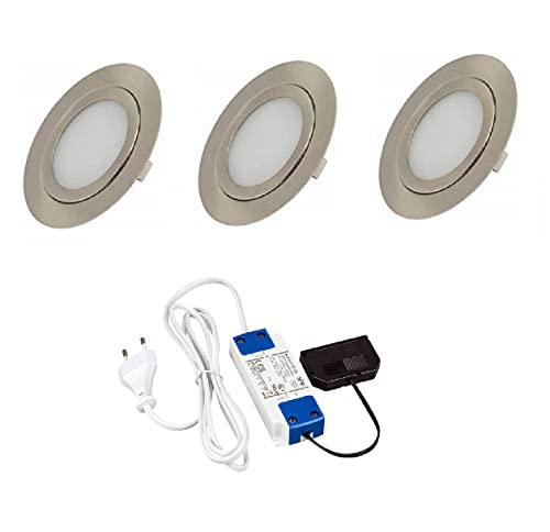 Rolux 3er Set LED Einbauleuchte matt-chrom 3W DF-1013 mit 12 SMD LED warmweiß 10mm Einbautiefe Aufbauhöhe 1,5mm von Rolux
