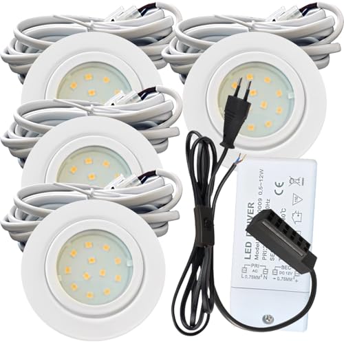 Rolux 4er Set LED Möbeleinbauleuchte Leni 12V 2,2W Neutralweiß 4000K | IP44 flach Ø72mm Einbauspot Weiß | 240lm je Spot | inkl. Trafo, AMP-Verteiler & 230V Zuleitung mit Schnurschalter | Küche, Möbel von Rolux