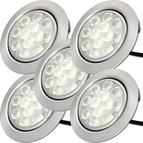 Rolux 5 Stück LED Möbelleuchten Einbaustrahler Edelstahl Gebürstet flach 3W warmweiß 3200K 200lm 12V Möbeleinbauleuchte für das Wohnzimmer, Küche und Bad. Lochausschnitt 55-60 mm. D = 65 mm von Rolux