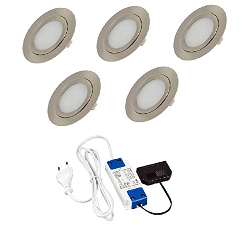 Rolux 5er Set LED Einbauleuchte matt-chrom 3W DF-1013 mit 12 SMD LED warmweiß 10mm Einbautiefe Aufbauhöhe 1,5mm von Rolux