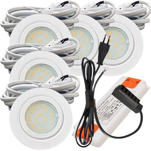 Rolux 5er Set LED Möbeleinbauleuchte Leni 12V 2,2W Neutralweiß 4000K | IP44 flach Ø72mm Einbauspot Weiß | 240lm je Spot | inkl. Trafo, AMP-Verteiler & 230V Zuleitung mit Schnurschalter | Küche, Möbel von Rolux