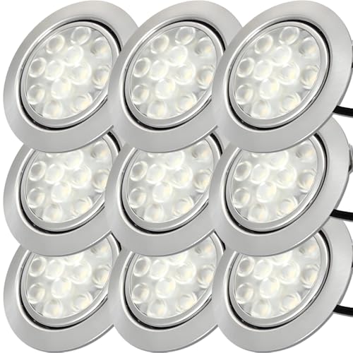 Rolux 9 Stück LED Möbelleuchten Einbaustrahler Edelstahl Gebürstet flach 3W warmweiß 3200K 200lm 12V Möbeleinbauleuchte für das Wohnzimmer, Küche und Bad. Lochausschnitt 55-60 mm. D = 65 mm von Rolux