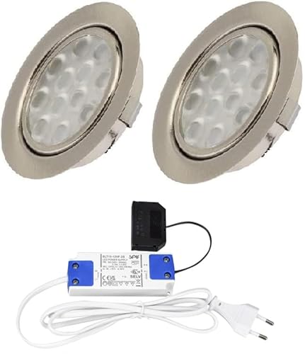 Rolux DF-1021 Einbaustrahler 2er Set LED Edelstahl gebürstet 15mm flach 3W warmweiß 3200K 200lm Bohrloch Ø 55-60mm 12V inkl. 15W LED Trafo 230V Verteiler und Eurostecker sowie 1,8m Kabel je Leuchte von Rolux