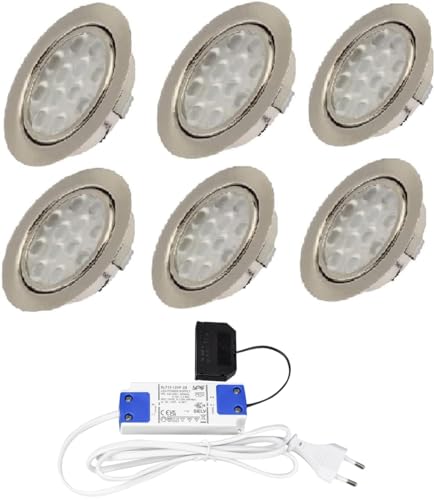 6er Set LED Einbaustrahler Edelstahl gebürstet 15mm flach 3W warmweiß 3200K 200lm 12V inkl. 15W LED Trafo 230V und 1,8m Kabel je Leuchte für Wohnzimmer, Küche und Bad von Rolux