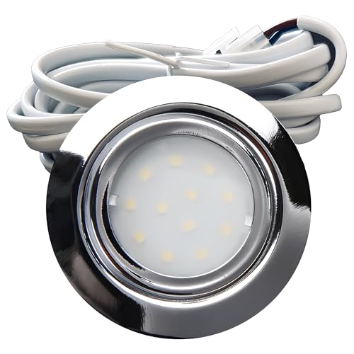 Rolux IP44 Möbel Einbauleuchte Leni 12V flach 1 x 2,4W LED-Einbaustrahler 55mm Lochausschnitt 200lm Chrom inkl. Kabel mit AMP Stecker 3000K Warmweiß von Rolux