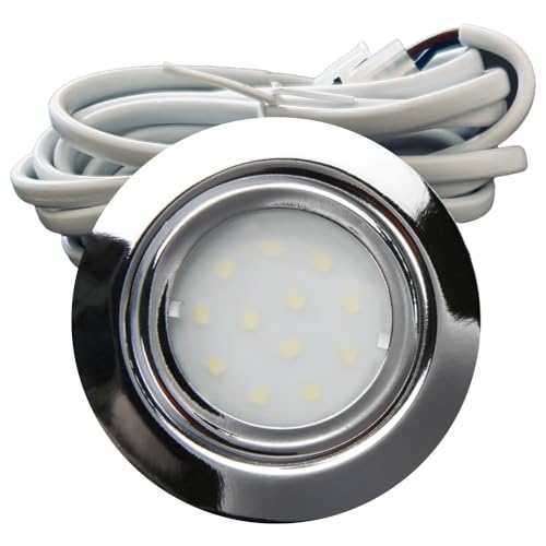 Rolux IP44 Möbel Einbauleuchte Leni 12V flach 1 x 2,4W LED-Einbaustrahler 55mm Lochausschnitt 200lm Chrom inkl. LED Trafo und AMP Verteiler 3000K Warmweiß von Rolux