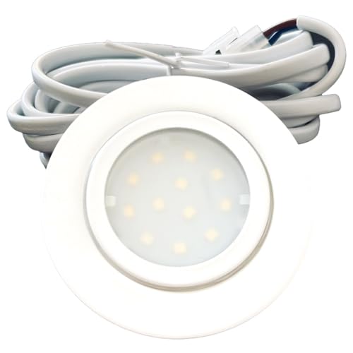 Rolux IP44 Möbel Einbauleuchte Leni 12V flach 1 x 2,4W LED-Einbaustrahler 55mm Lochausschnitt 200lm Weiß inkl. Kabel mit AMP Stecker 3000K Warmweiß von Rolux