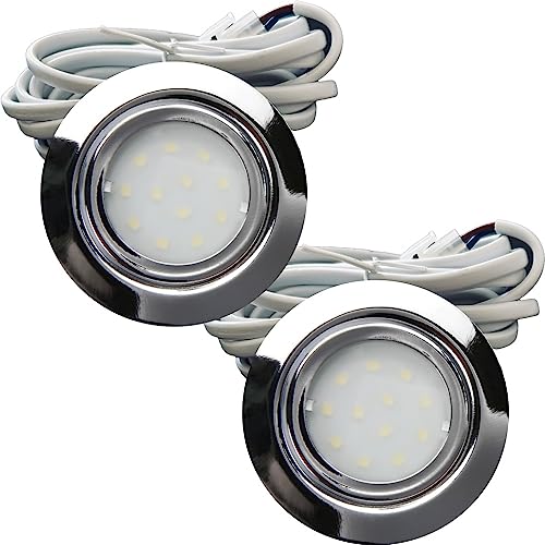 Rolux IP44 Möbel Einbauleuchte Leni 12V flach 2 x 2,4W LED-Einbaustrahler 55mm Lochausschnitt 200lm Chrom inkl. Kabel mit AMP Stecker 3000K Warmweiß von Rolux