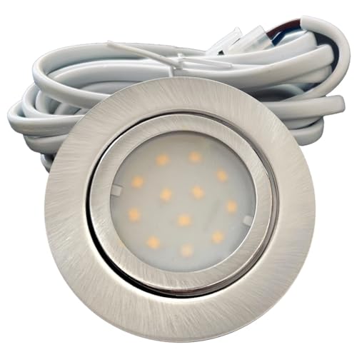 Rolux IP44 Möbel Einbauleuchte Leni 12V flach 2 x 2,4W LED-Einbaustrahler 55mm Lochausschnitt 200lm Edelstahl geb. inkl. Kabel mit AMP Stecker 3000K Warmweiß von Rolux