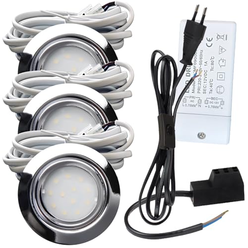 Rolux 3er Set LED Möbeleinbauleuchte Leni 12V 2W Warmweiß 3000K | IP44 flach Ø72mm Einbaustrahler Chrom | 160lm je Spot | inkl. Trafo, AMP-Verteiler & 230V Zuleitung mit Schnurschalter | Küche, Möbel von Rolux