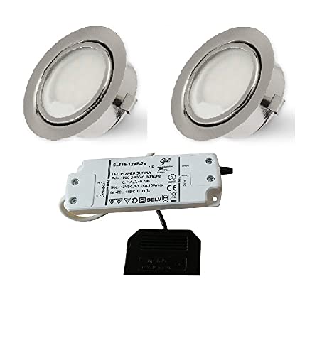 2er Set Rolux LED Einbauleuchte matt-chrom 58mm Bohrloch 2,5W 12V warm-weiß ultra Flach anschließbar an AMP- oder Mini-AMP Steckersystem (2er Set) von Rolux