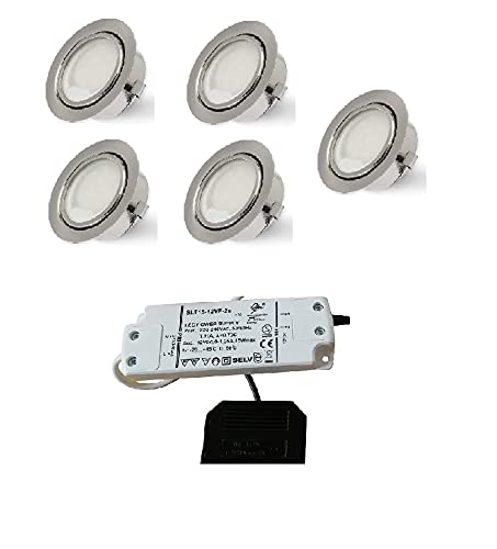 Rolux LED Einbauleuchte matt-chrom 58mm Bohrloch 2,5W 12V warm-weiß ultra Flach anschließbar an AMP- oder Mini-AMP Steckersystem (5er Set) von Rolux