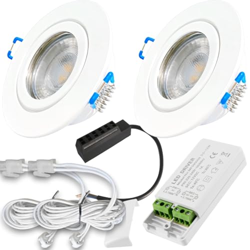 Rolux LED Einbaustrahler 2er Set – 12V, 3W, Warmweiß (250 lm) – IP44 Feuchtraum geeignet – Inkl. Trafo, AMP Kabel (120 cm) & 6-fach Verteiler – Ideal für Bad, Küche, Dusche & Außenbereich – Weiß von Rolux