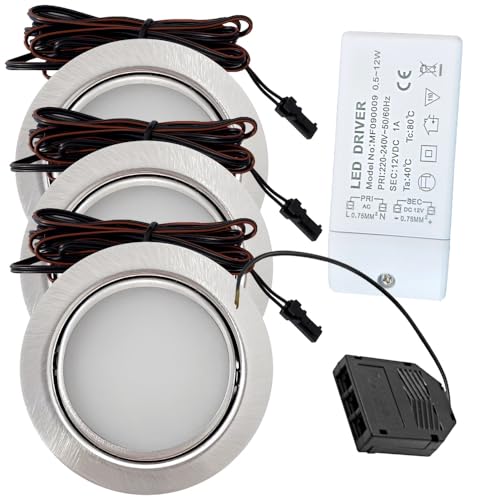 Rolux 3er Set LED Möbeleinbauleuchte Emma 12V 3W Warmweiß 3000K | Ultra flach Ø65mm Einbaustrahler | 180lm | inkl. LED Trafo & Mini-Verteiler | Für Möbel, Küche, Schrank | Einfache Montage, IP20 von Rolux