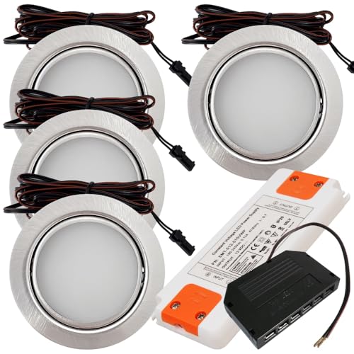 Rolux 4er Set LED Möbeleinbauleuchte Emma 12V 3W Warmweiß 3000K | Ultra flach Ø65mm Einbaustrahler | 180lm | inkl. LED Trafo & Mini-Verteiler | Für Möbel, Küche, Schrank | Einfache Montage, IP20 von Rolux
