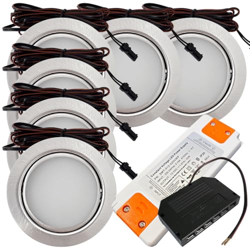 Rolux 6er Set LED Möbeleinbauleuchte Emma 12V 3W Warmweiß 3000K | Ultra flach Ø65mm Einbaustrahler | 180lm | inkl. LED Trafo & Mini-Verteiler | Für Möbel, Küche, Schrank | Einfache Montage, IP20 von Rolux