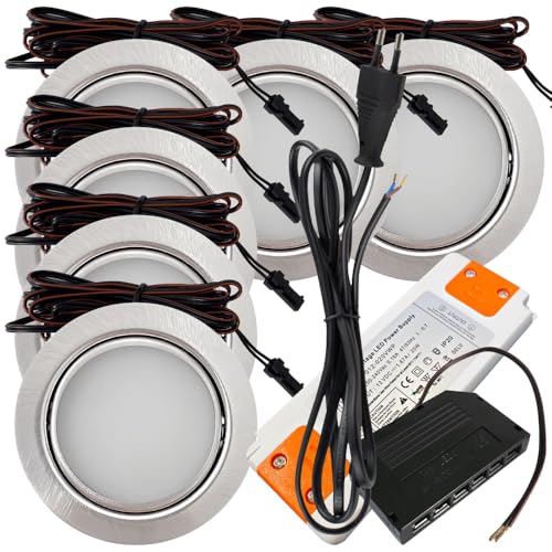 Rolux 6er Set LED Möbeleinbauleuchte Emma 12V 3W Warmweiß 3000K | Ultra flach Ø55mm Einbaustrahler | 180lm | inkl. LED Trafo & 230V Zuleitung | Für Möbel, Schrank, Küche | Einfache Montage, IP20 von Rolux