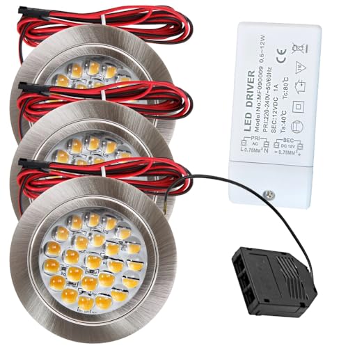 3er Set LED Möbeleinbauleuchte Freya 12V 2,4W Warmweiß 3000K | IP20 flach Ø65mm Einbaustrahler Edelstahl geb. | 190lm | inkl. LED Trafo & Mini-Verteiler | Für Küche, Bad, Schrank, Möbelbeleuchtung von Rolux