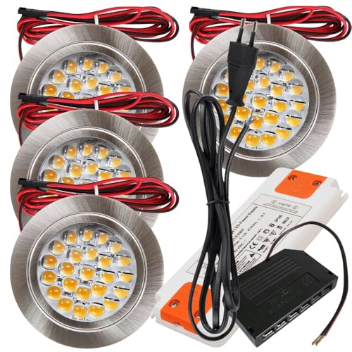 Rolux 4er Set LED Möbeleinbauleuchte Freya 12V 2,4W Warmweiß 3000K | IP20 flach Ø65mm Einbaustrahler Edelstahl geb. | 190lm | inkl. LED Trafo, Mini-Verteiler & 230V Zuleitung | Für Küche, Bad, Möbel von Rolux