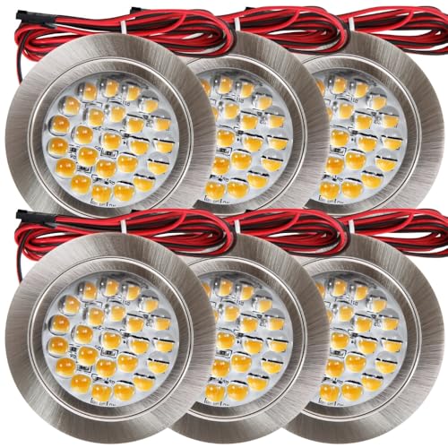 Rolux LED Möbeleinbauleuchte Freya 2,4W Warmweiß 3000K | 6 Stück Flache Einbau-Leuchte Ø65mm Edelstahl geb. für Küche, Schränke, Wohnbereich | 12V DC, IP20, Mini-Stecker, Montage ohne Schrauben von Rolux