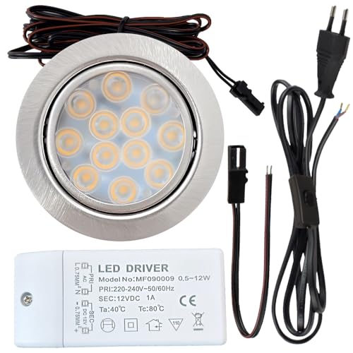 1er Set LED Möbeleinbauleuchte Luna 12V 3W Warmweiß 3000K | Ultra flach Ø55mm Einbaustrahler | 200lm | inkl. LED Trafo, Mini-Verteiler & 230V Zuleitung mit Schnurschalter | Für Möbel, Küche, Schrank von Rolux