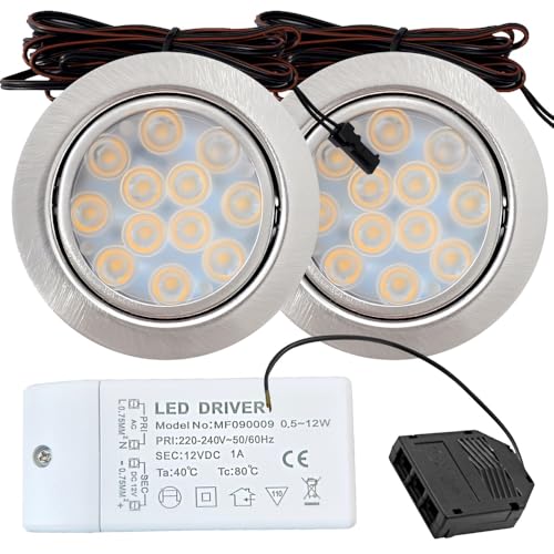 Rolux 2er Set LED Möbeleinbauleuchte Luna 12V 3W Warmweiß 3000K | Ultra flach Ø65mm Einbaustrahler | 200lm | inkl. LED Trafo & Mini-Verteiler | Für Möbel, Küche, Schrank | Einfache Montage, IP20 von Rolux