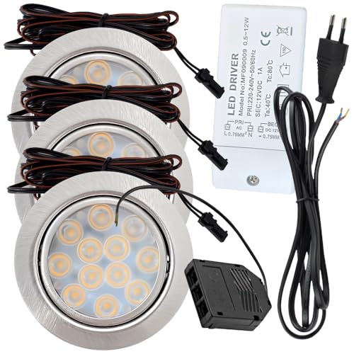 Rolux 3er Set LED Möbeleinbauleuchte Luna 12V 3W Warmweiß 3000K | Ultra flach Ø55mm Einbaustrahler | 200lm | inkl. LED Trafo & 230V Zuleitung | Für Möbel, Schrank, Küche | Einfache Montage, IP20 von Rolux
