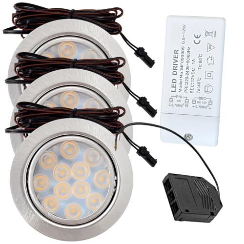 Rolux 3er Set LED Möbeleinbauleuchte Luna 12V 3W Warmweiß 3000K | Ultra flach Ø65mm Einbaustrahler | 200lm | inkl. LED Trafo & Mini-Verteiler | Für Möbel, Küche, Schrank | Einfache Montage, IP20 von Rolux