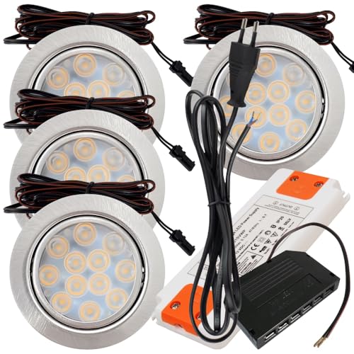 Rolux 4er Set LED Möbeleinbauleuchte Luna 12V 3W Warmweiß 3000K | Ultra flach Ø55mm Einbaustrahler | 200lm | inkl. LED Trafo & 230V Zuleitung | Für Möbel, Schrank, Küche | Einfache Montage, IP20 von Rolux