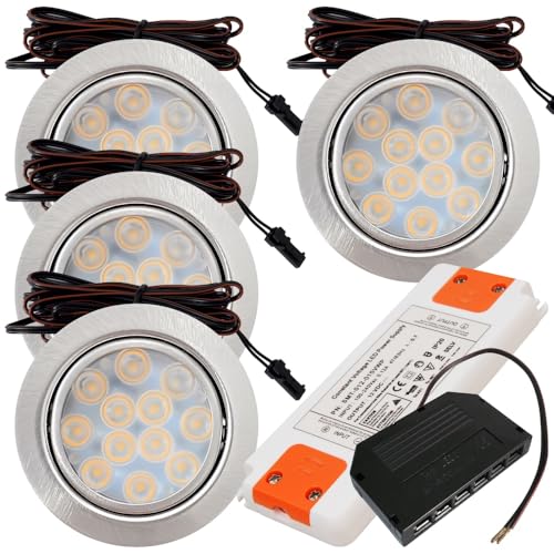 Rolux 4er Set LED Möbeleinbauleuchte Luna 12V 3W Warmweiß 3000K | Ultra flach Ø65mm Einbaustrahler | 200lm | inkl. LED Trafo & Mini-Verteiler | Für Möbel, Küche, Schrank | Einfache Montage, IP20 von Rolux