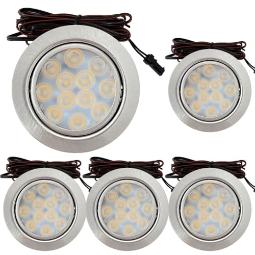Rolux LED Möbeleinbauleuchte Luna 12V 3W Warmweiß 3000K | 5 x Flach Ø65mm Einbaustrahler | 200lm | IP20 | Für Schrank, Küche & Möbel | inkl. Kabel & Mini-Stecker | Einfache Montage, Kompaktes Design von Rolux