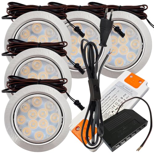 5er Set LED Möbeleinbauleuchte Luna 12V 3W Warmweiß 3000K | Ultra flach Ø55mm Einbaustrahler | 200lm | inkl. LED Trafo, Mini-Verteiler & 230V Zuleitung mit Schnurschalter | Für Möbel, Küche, Schrank von Rolux