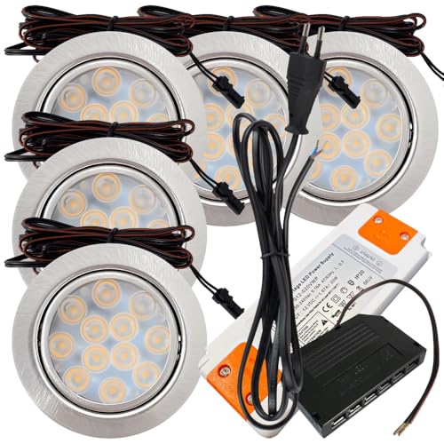 Rolux 5er Set LED Möbeleinbauleuchte Luna 12V 3W Warmweiß 3000K | Ultra flach Ø55mm Einbaustrahler | 200lm | inkl. LED Trafo & 230V Zuleitung | Für Möbel, Schrank, Küche | Einfache Montage, IP20 von Rolux
