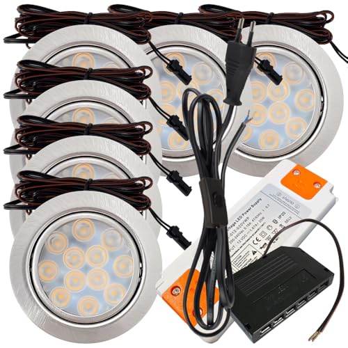 6er Set LED Möbeleinbauleuchte Luna 12V 3W Warmweiß 3000K | Ultra flach Ø55mm Einbaustrahler | 200lm | inkl. LED Trafo, Mini-Verteiler & 230V Zuleitung mit Schnurschalter | Für Möbel, Küche, Schrank von Rolux