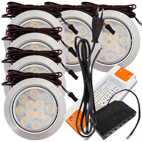 Rolux 6er Set LED Möbeleinbauleuchte Luna 12V 3W Warmweiß 3000K | Ultra flach Ø55mm Einbaustrahler | 200lm | inkl. LED Trafo & 230V Zuleitung | Für Möbel, Schrank, Küche | Einfache Montage, IP20 von Rolux