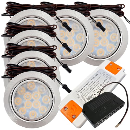 Rolux 6er Set LED Möbeleinbauleuchte Luna 12V 3W Warmweiß 3000K | Ultra flach Ø65mm Einbaustrahler | 200lm | inkl. LED Trafo & Mini-Verteiler | Für Möbel, Küche, Schrank | Einfache Montage, IP20 von Rolux