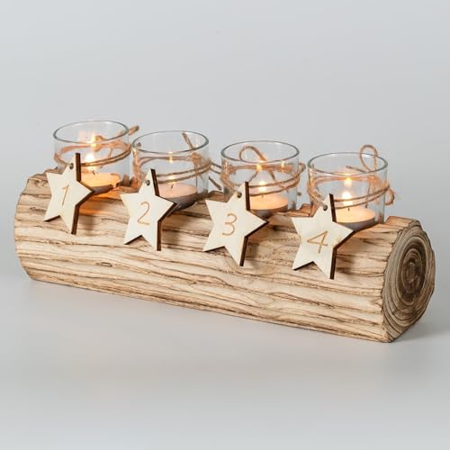 Adventskranz Holz Länglich Kerzenhalter Adventsgesteck：Romadedi mit 4 Glas Kerzenständer Adventszahlen für 4 Kerzen Modern Adventskerzenhalter für Weihnachten Wohnzimmer Deko Adventsdeko, 38cm Lang von Romadedi