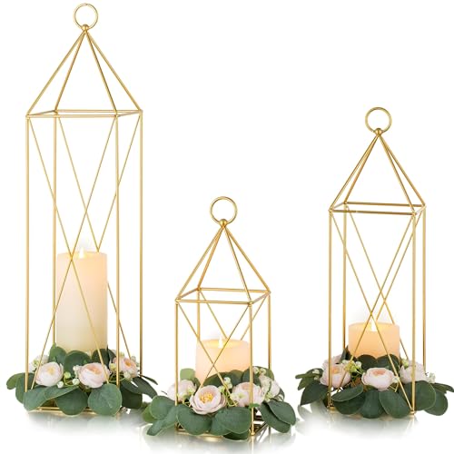 Laterne Groß Gold Tischdeko Outdoor - Romadedi 3er Set Kerzen Windlicht Laterne Metall Modern Vintage Deko für Weihnachten Hochzeit Halloween Draußen Garten Balkon Innen Wohnzimmer von Romadedi