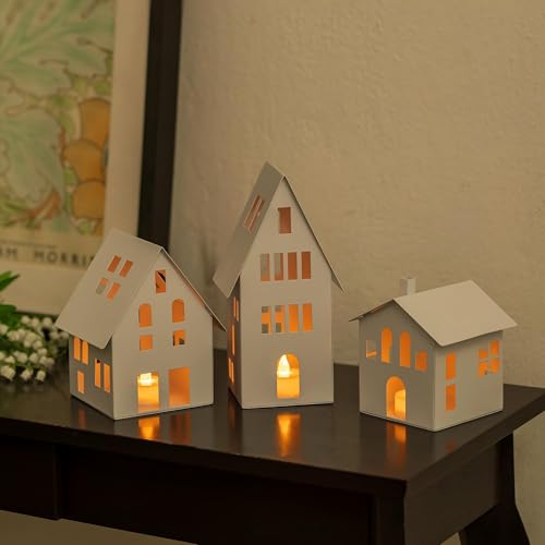 Metall Laterne Häuser mit LED Teelicht - Romadedi 3er Set in Weiß Deko Windlicht 10.6/14.3/20.5cm Lichthaus Kerzenständer für Haus Weihnachten Einweihungsgeschenk Verschenken Neues Eigenheim von Romadedi