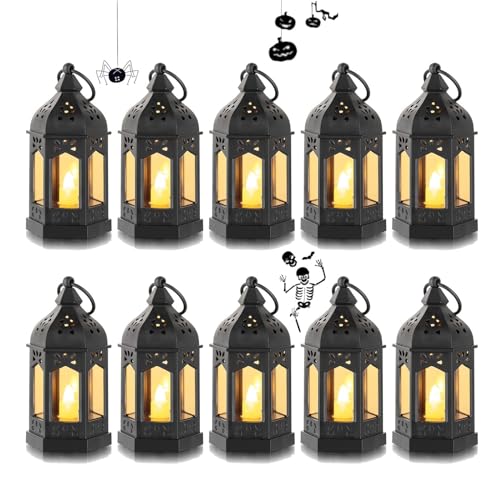 Romadedi Laterne Schwarz Halloween Deko - 10er Set Mini Laterne zum Aufhängen, mit LED Kerzen für Ramadan, Garten, Weihnachten, Hochzeit, Balkon, Outdoor, Tischdeko von Romadedi