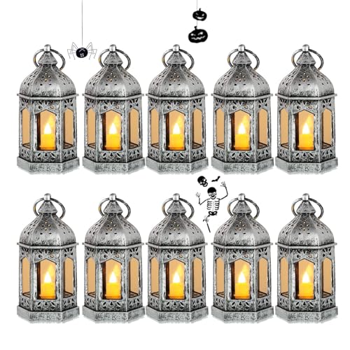 Romadedi 10er Set Mini Laterne Deko Silber - Tischdeko kleine Laterne zum Aufhängen, mit LED Kerzen für Halloween, Ramadan, Garten, Weihnachten, Hochzeit, Balkon von Romadedi