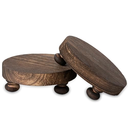 Romadedi Farmhouse Kleines Holztablett – 2 Stück Erhöhung Display Ständer Rustikale Dekoration Mini Holz Kerzentabletts Dekorativer runder Sockel für Zuhause Tisch Badezimmer Theke Regal Küche Braun von Romadedi