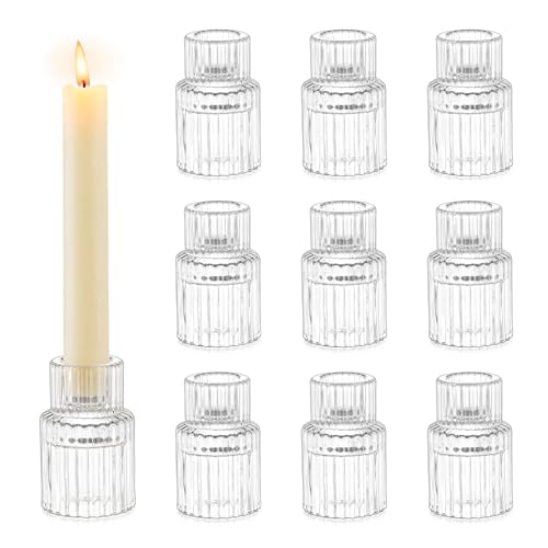 Romadedi Glas Kerzenhalter Kerzenständer für Stabkerzen - 10er Set Klein Stabkerzenhalter Hochzeit Tischdeko für Stabkerze Kerzen Esstisch Party Weihnachten Advent Wohnzimmer Vintage Deko von Romadedi
