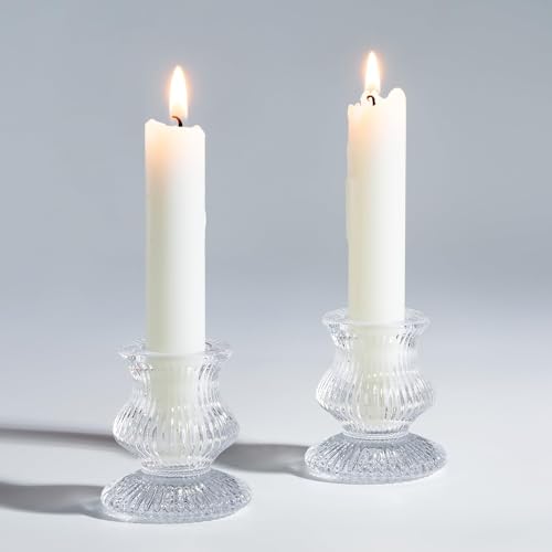 Romadedi Glas Kerzenständer Kerzenhalter Stabkerzen - 2er Set Klein Transparent Stabkerzenhalter für Kerzen Hochzeit Tischdeko Modern Weihnachten Deko Adventskranz Wohnzimmer Party von Romadedi