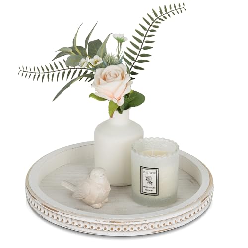 Romadedi Holztablett Rund Deko Tablett：Vintage Weiss Shabby Holz Serviertablett Kerzentablett Dekotablett Dekoteller für Kerzen Küche Tisch Herzstück Decoration von Romadedi