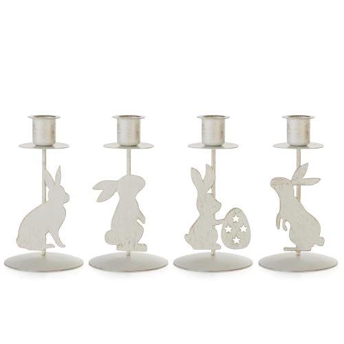 Romadedi Kerzenhalter Ostern Deko Hase - 4er Set Vintage Kerzenständer Weiß Metall für Kerzen Osterdeko Tisch Frühling Tischdeko Dekoration Modern Wohnzimmer Draußen Geschenke von Romadedi